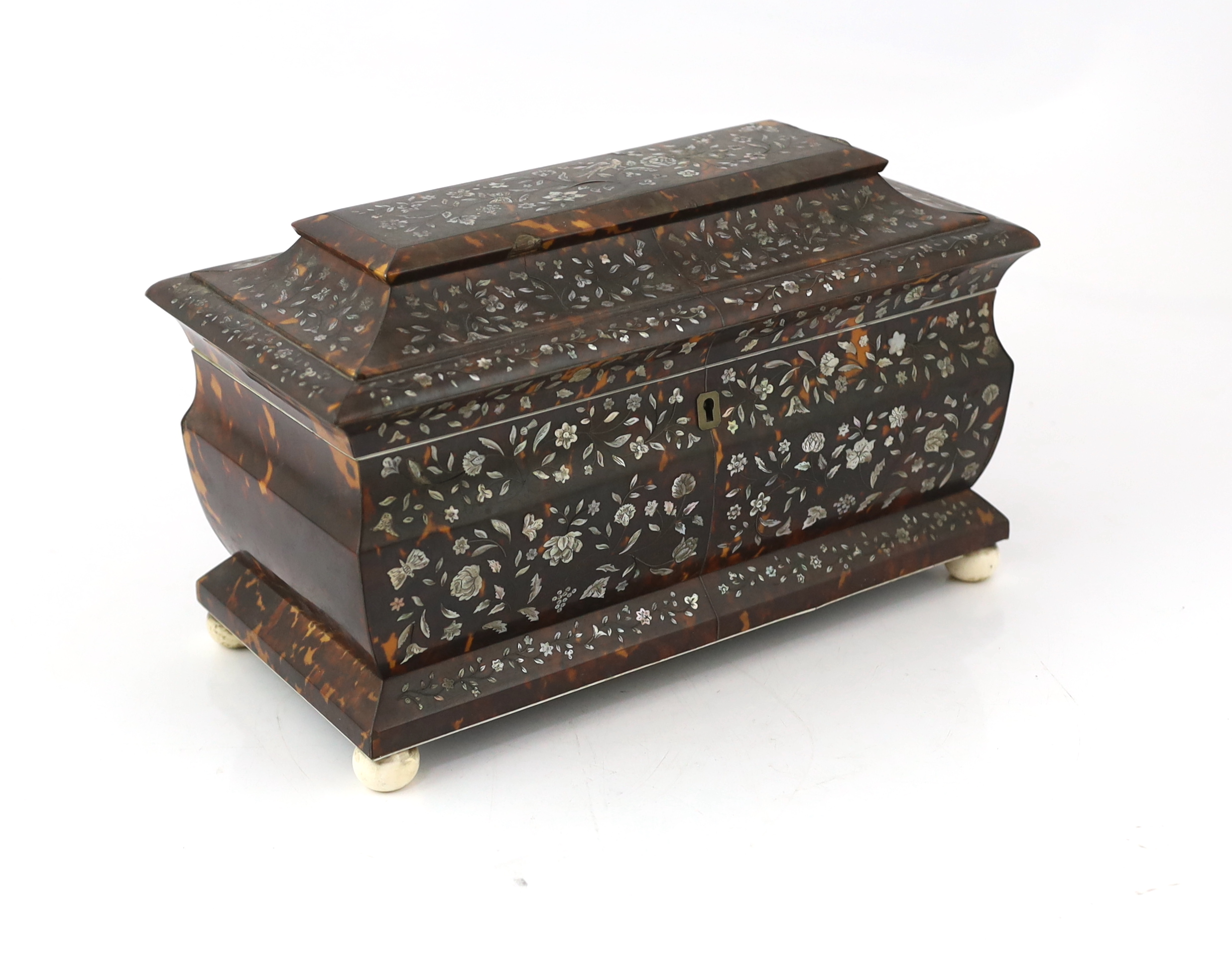 A Regency mother of pearl inset tortoiseshell sarcophagus tea caddy 32cm wide, 17cm deep, 18.5cm high CITES Submission reference 8Z5Z2L6B